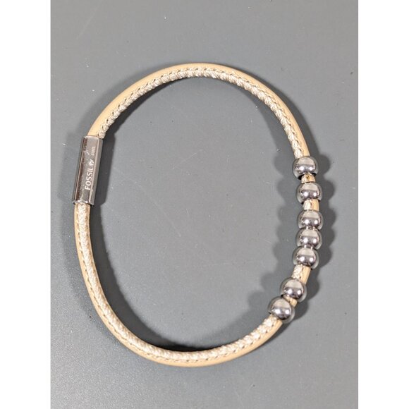 Fossil Steel Tan Leather Round Silver Tone Slide Charm Bead Bracelet 6.5" - Picture 1 of 7